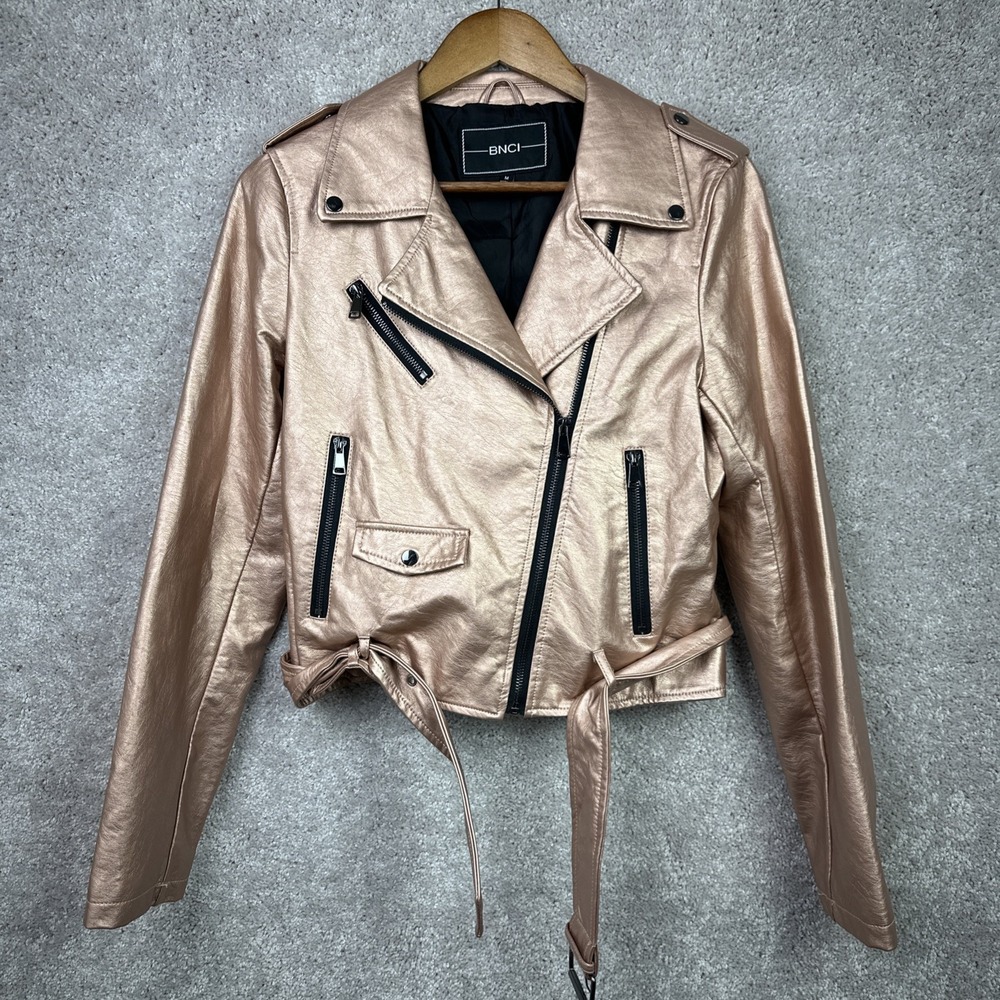 BNCI Women Pink Faux Leather‎ Moto Jacket Motorcycle Zippers Size Medium